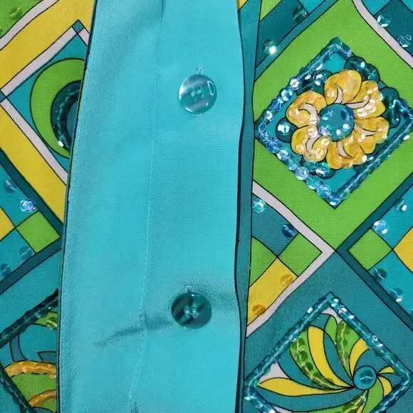 Diane Gilman Womens Blouse Top 1X Silk Sequin Art to Wear Blue Yellow Green - Picture 4 of 9